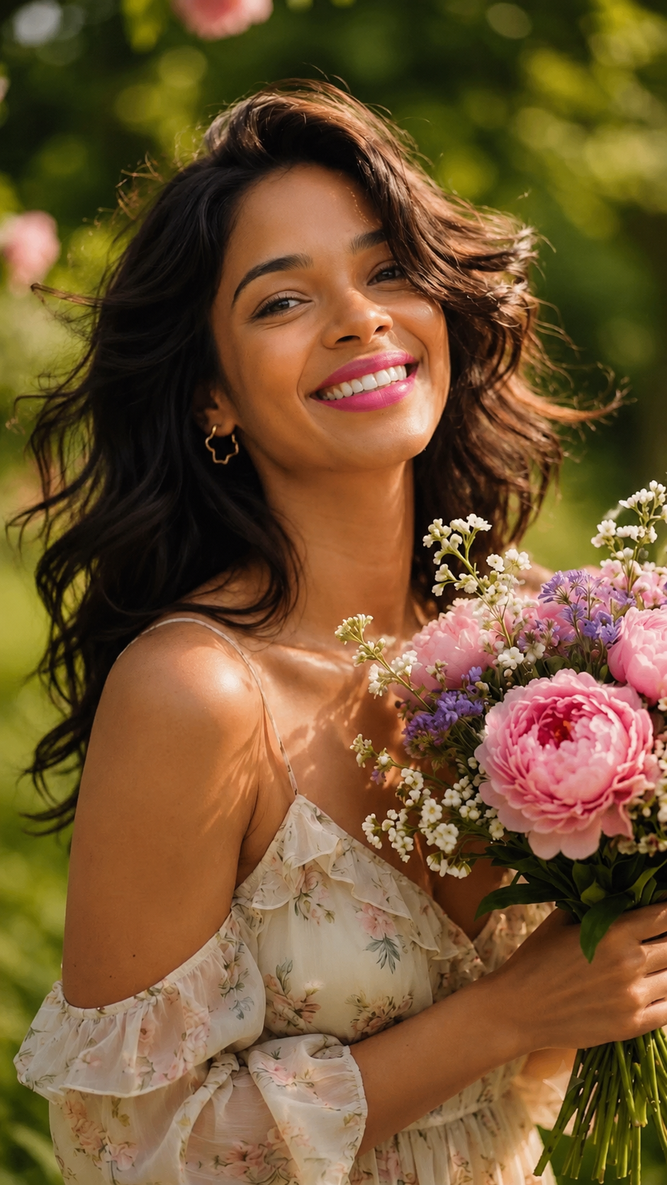 Mulher sorrindo com buquê de flores